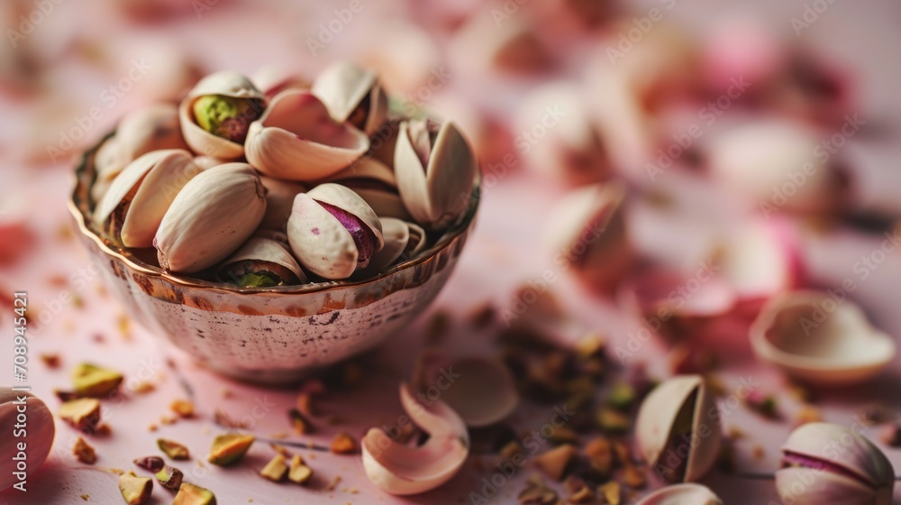 Poster a close up of a bowl of nuts on a table with confetti sprinkles scattered around the bowl and scatte