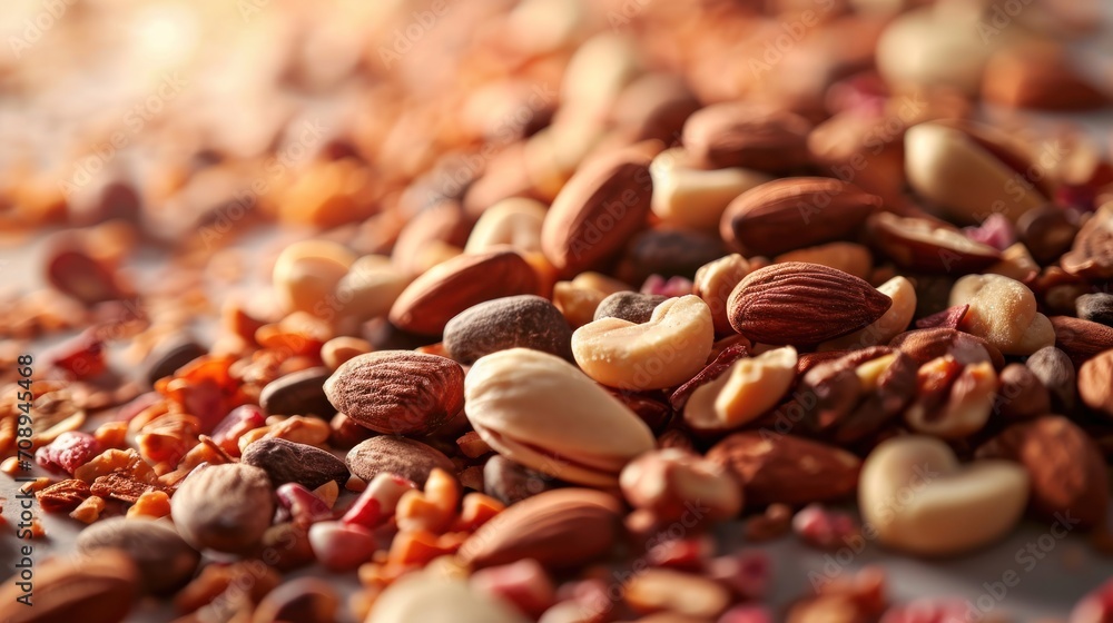 Poster a pile of assorted nuts sitting on top of a white counter top next to another pile of assorted nuts 