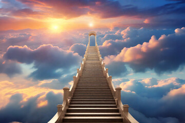 Stairway Leading Up To Sky At Sunrise - Resurrection And Entrance Of Heaven - obrazy, fototapety, plakaty