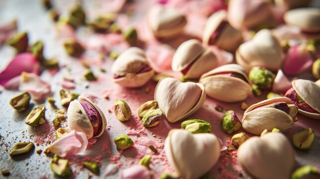  a pile of pistachios on a table with pink and green sprinkles on the top of the pistachios and on the bottom of the table.