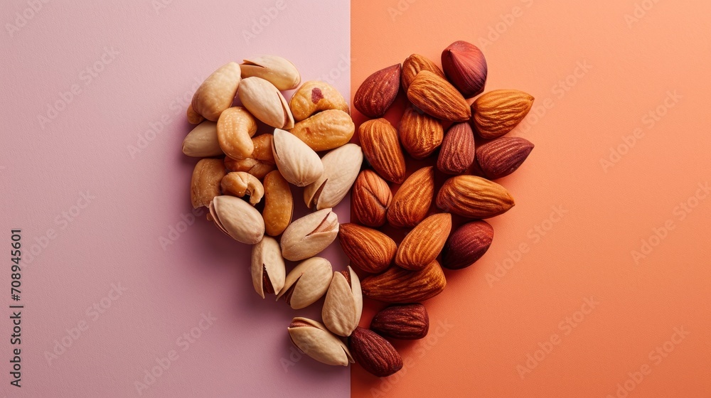 Poster a pile of nuts sitting next to each other on top of a pink and orange surface with a heart shaped pi