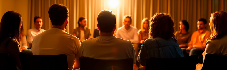 Group therapy session with focus on communication and support. blurred banner with shallow field of view.
