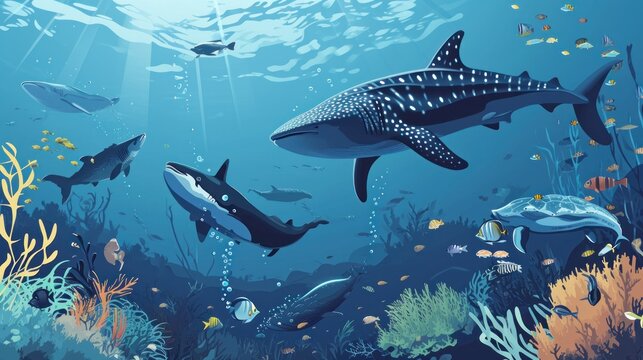  a painting of a group of sharks swimming in the ocean with corals and other marine life in the foreground, and a school of fish in the background.