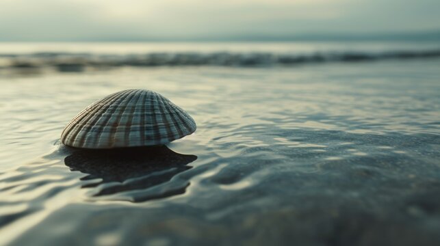  a close up of a seashell on the water's edge with a beach in the distance in a blurry photo with a blue sky in the background.