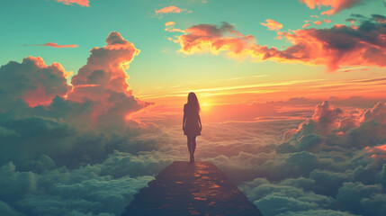 silhouette women fullbody  on dead end way high up on vast sky , fantasy dreamy color tone , concept of  deep soul 