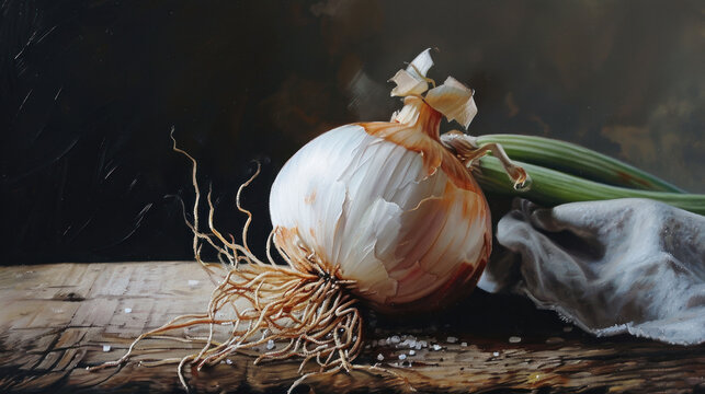 a painting of an onion and garlic on a piece of wood with a cloth on the end of the piece and a piece of garlic on the end of the end.