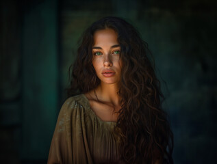 Fototapeta premium Wide Shot of a Model Dressed in Green with Stunning Eyes