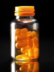 Bottle of pills tablet isolated on a dark background 