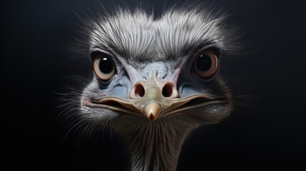  a close up of an ostrich's head with very large eyes and a long, feathery head, with a black background that appears to be dark.