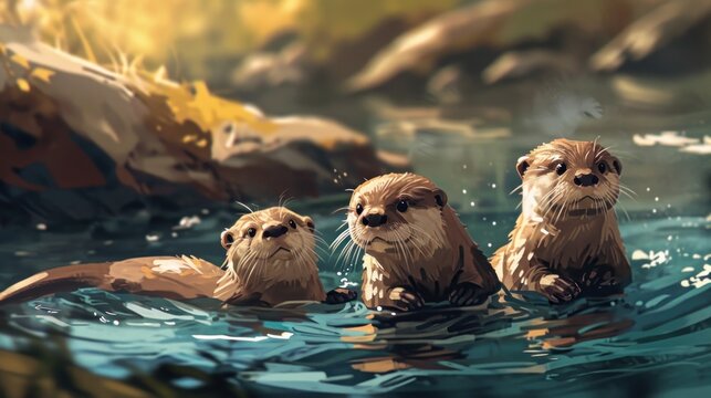  a group of otters swimming in a body of water with rocks in the background and a yellow leafy tree in the foreground of the painting is a.