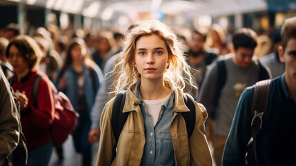 A young blonde backpacker girl walking in the busy crowd