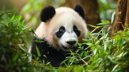 Obraz premium a close up of a panda bear in a field of grass and tree branches with a tree trunk in the foreground and a tree trunk in the foreground.
