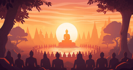 Illustrating Makha Bucha Day, capturing the moment of Buddha delivering teachings to 1,250 monks shortly before his passing. Vector illustration conveying spiritual significance