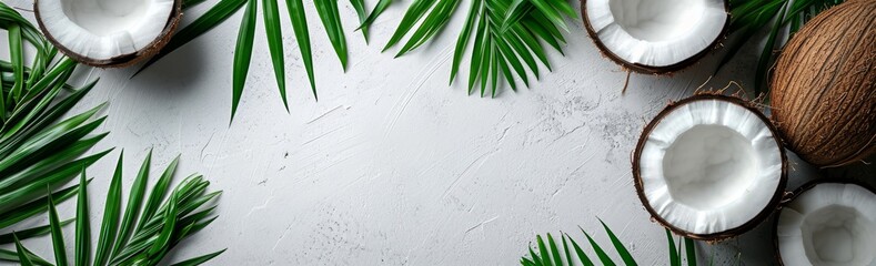 Free Copy Summer Flat lay background. Frame of tropical leaves and fresh coconut on light gray background top view copy space. Healthy cooking. Creative healthy food concept, half of coconut, nature