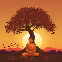 Buddha meditating beneath the bodhi tree against a sunset backdrop, symbolizing Magha Puja, Asanha Puja, and Visakha Puja Day. Vector illustration encapsulating the essence of Buddhist holiday serenit