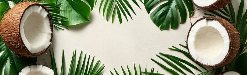 Free Copy Summer Flat lay background. Frame of tropical leaves and fresh coconut on light gray background top view copy space. Healthy cooking. Creative healthy food concept, half of coconut, nature - obrazy, fototapety, plakaty