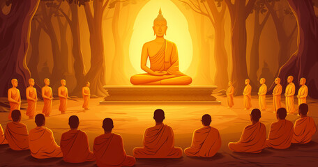 Illustrating Makha Bucha Day, capturing the moment of Buddha delivering teachings to 1,250 monks shortly before his passing. Vector illustration conveying spiritual significance
