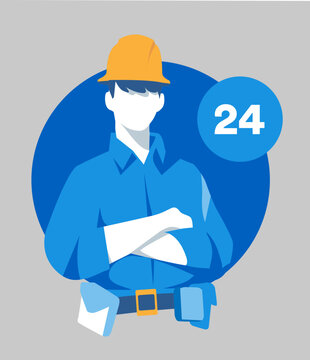 The cartoon male character who performs technical maintenance and repairs is ready to respond to the customers' call