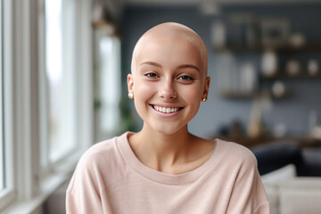 Young teenage girl cancer patient smiling with hope. Cancer awareness concept.  