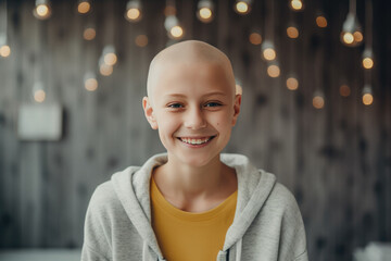 Portrait of a young boy cancer patient smiling happily. 