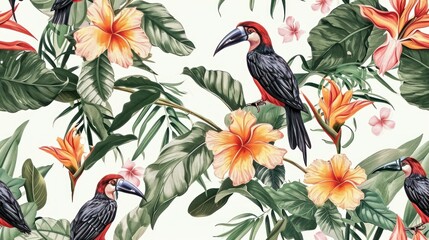  a group of birds sitting on top of a lush green leaf covered tree next to orange and pink flowers on a white wallpaper covered with tropical leaves and flowers.