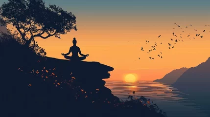 Fotobehang  a person sitting in a yoga position on a cliff overlooking a body of water with a flock of birds flying in the sky and a tree in the foreground. © Olga