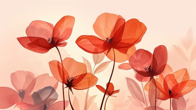  a close up of a bunch of red flowers on a white and pink background with a light pink background and a few red flowers in the middle of the picture.