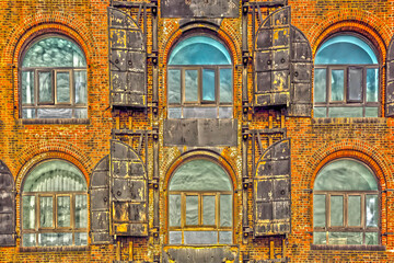 Detail of old building facade in Red hook, Brooklyn, New York, USA - obrazy, fototapety, plakaty