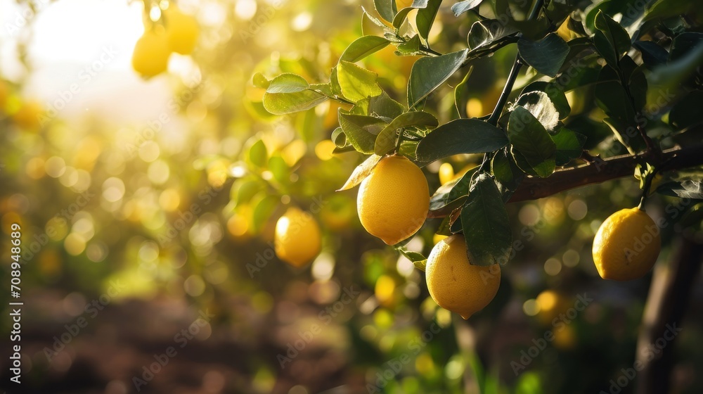 Aufkleber a bunch of lemons hanging from a tree in a field with sunlight shining through the leaves and on the