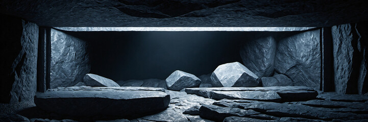 rectangular niche illuminated in a dark stone cave - obrazy, fototapety, plakaty