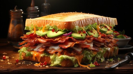 Realistic Sandwich with bacon and vegetables on wooden background