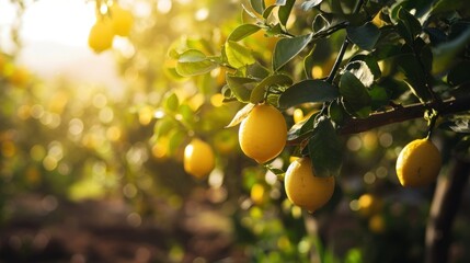  a bunch of lemons hanging from a tree in a field with sunlight shining through the leaves and on the branches of the tree, there is a bunch of lemons in the foreground.