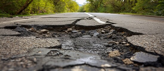 Obraz premium Road damage caused by landslide and earthquake: cracked and shifted asphalt, large cracks and chips in the road due to the shifting.