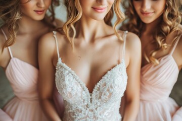  a beautiful bride with her two bridesmaids - obrazy, fototapety, plakaty
