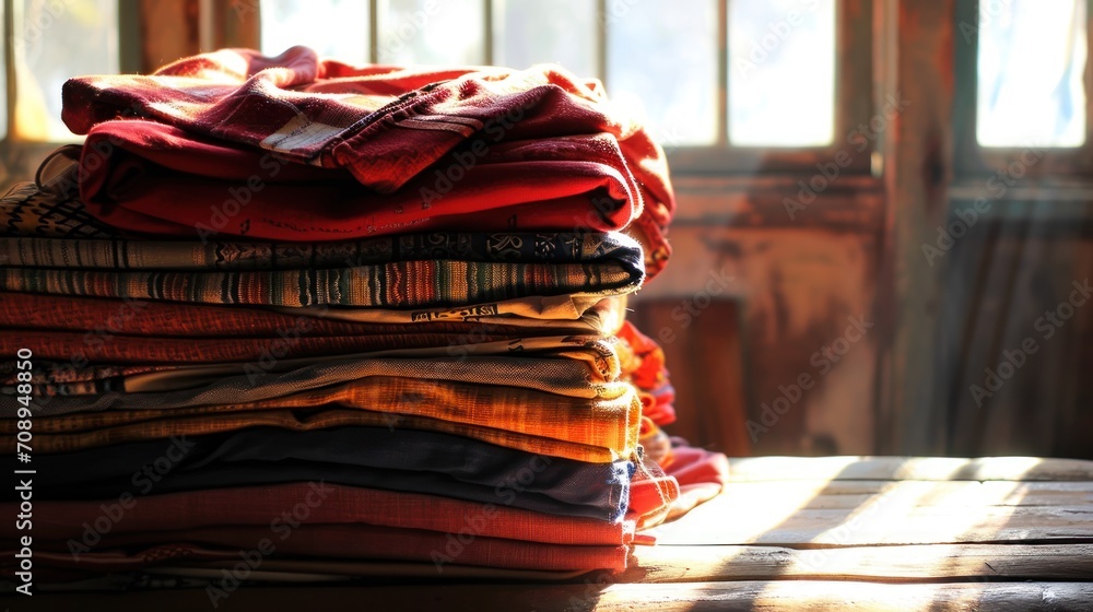 Poster a stack of folded clothes sitting on top of a wooden table in front of a window with sunlight coming