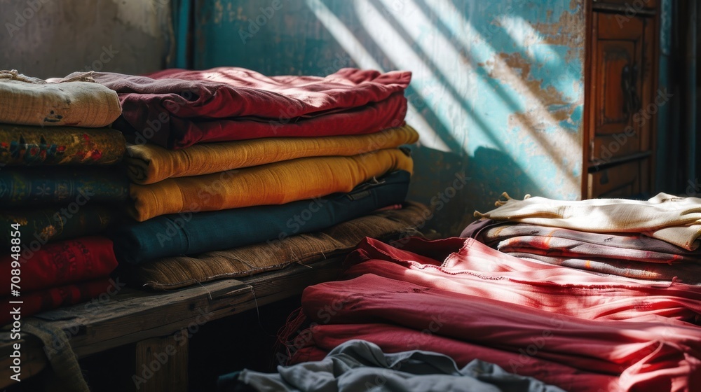 Poster a stack of cloths sitting on top of a wooden table next to a wall with a shadow of a window on the s