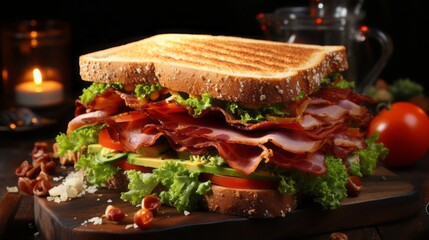 Realistic Sandwich with bacon and vegetables on wooden background