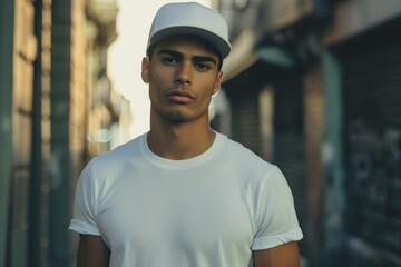 Fashionable Latin Male Model Stuns In City With Trendy White T-Shirt And Cap