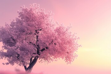 Fototapeta na wymiar Serene Nature Backdrop Featuring Blossoming Tree Against Pink Sky