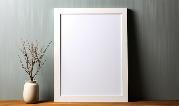 Minimalistic white picture frame with blank space for artwork or photograph, standing on a wooden surface against a textured grey wall background