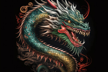 Fototapeta premium Chinese dragon head illustration on dark background. Traditional east asian folklore creature artwork. 