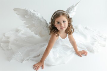Wide Angle Shot Of Child Model Wearing White Dress And Angel Wings On White Background