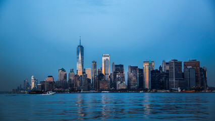 View of Manhattan from Hudson bay at twilight, New York City, USA