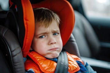 Distressed Child In Car Seat: Tearful Scene