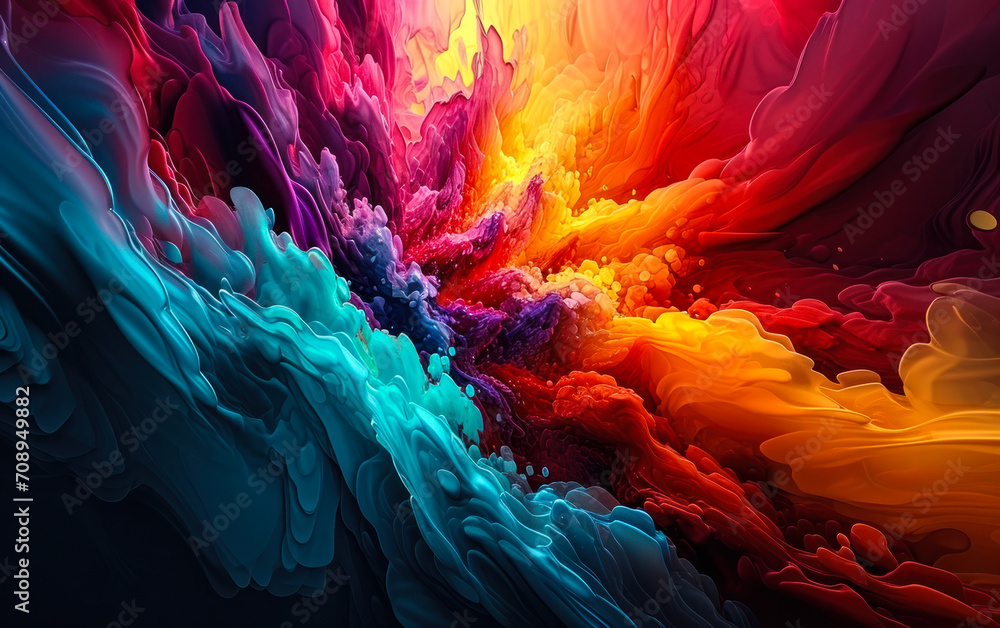 Poster vibrant waves of multicolored abstract shapes flowing dynamically across the frame, representing ene