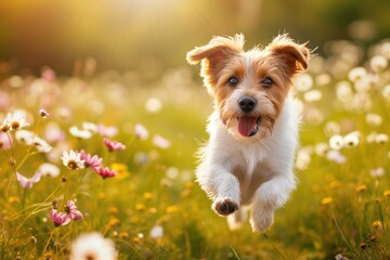 Energetic Dog Joyfully Springs On Vibrant Meadow Amid Blooming Flowers