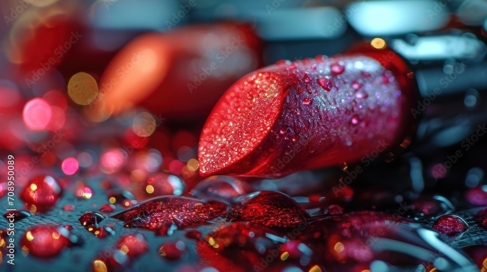 Poster a close up of a red flower with drops of water on the petals and a cell phone in the background with