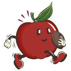 vector illustration of cute red apple character mascot playing american football with an oval ball, work of handmade
