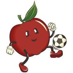 vector illustration of cute red apple character mascot playing football or soccer, work of handmade