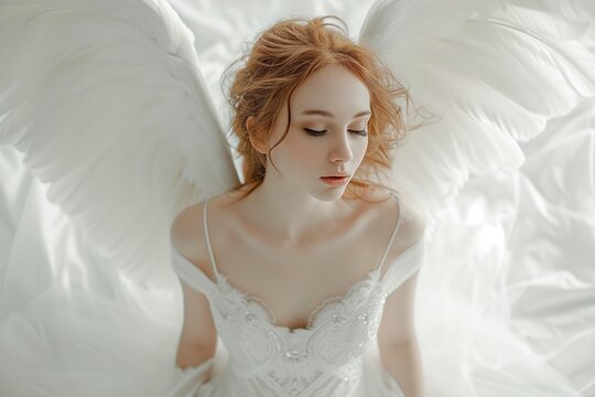 Girl Model In White Dress With Angel Wings On White Background Wide Shooting Angle